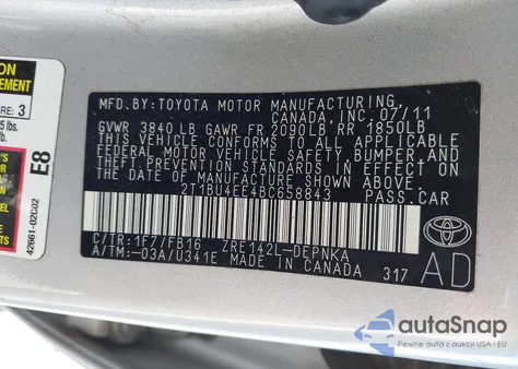 2011 Toyota Corolla Le из США, поврежденный, VIN 2T1BU4EE4BC658843